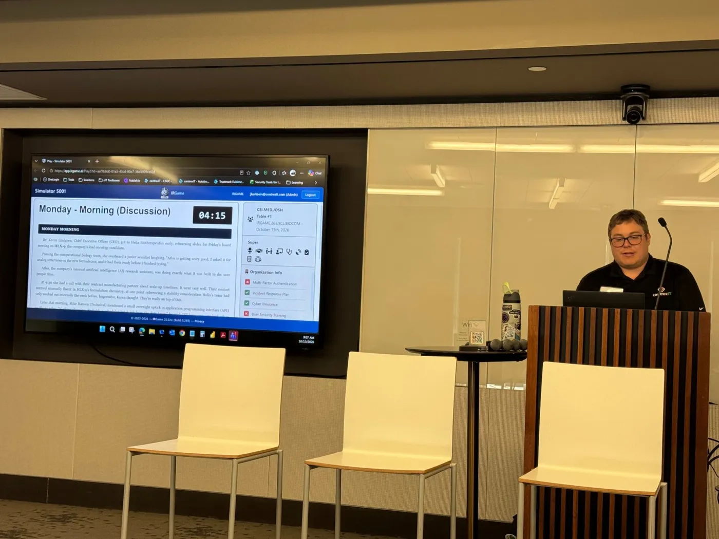 Josh Hohbein of centrexIT facilitating the IRGame tabletop exercise from the podium