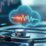 Stethoscope and digital cloud with heartbeat graph representing healthcare cloud technology