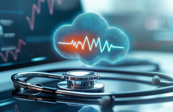 Stethoscope and digital cloud with heartbeat graph representing healthcare cloud technology