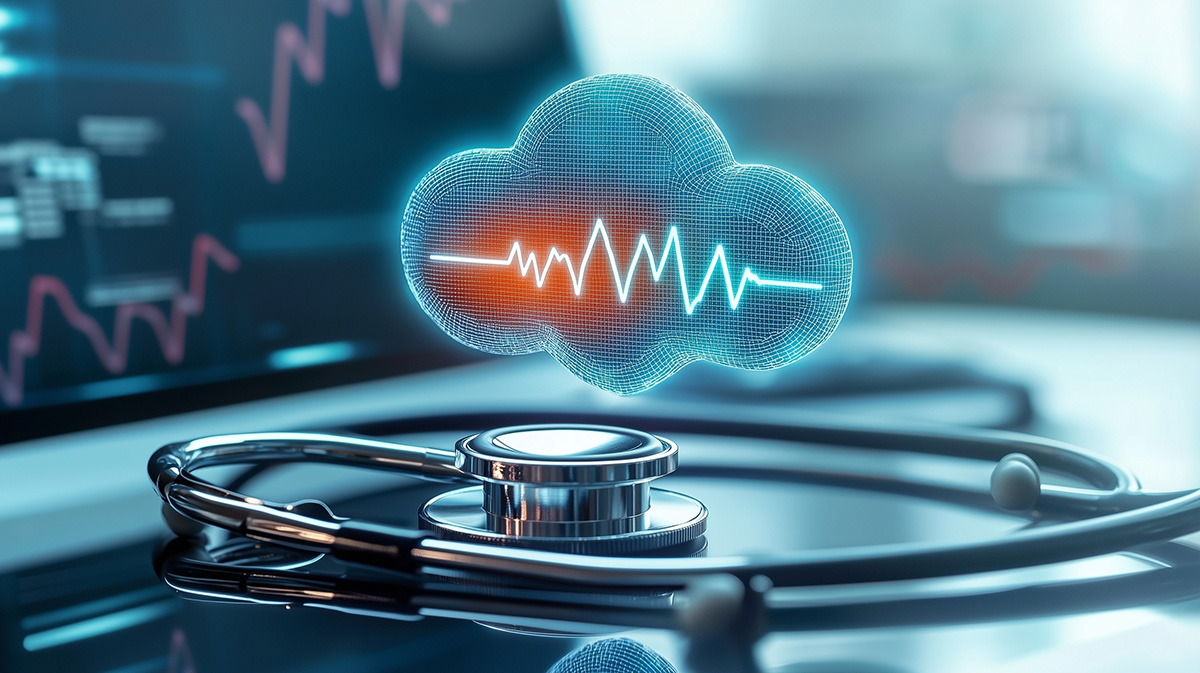 Stethoscope and digital cloud with heartbeat graph representing healthcare cloud technology