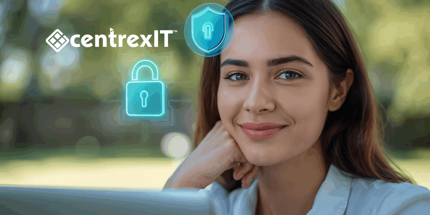 A smiling person in a bright, relaxed setting, with glowing blue and green digital padlock and shield symbols subtly floating near their head, symbolizing peace of mind through personal online security.