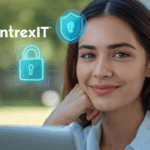 A smiling person in a bright, relaxed setting, with glowing blue and green digital padlock and shield symbols subtly floating near their head, symbolizing peace of mind through personal online security.