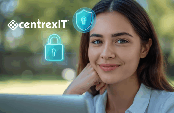 A smiling person in a bright, relaxed setting, with glowing blue and green digital padlock and shield symbols subtly floating near their head, symbolizing peace of mind through personal online security.