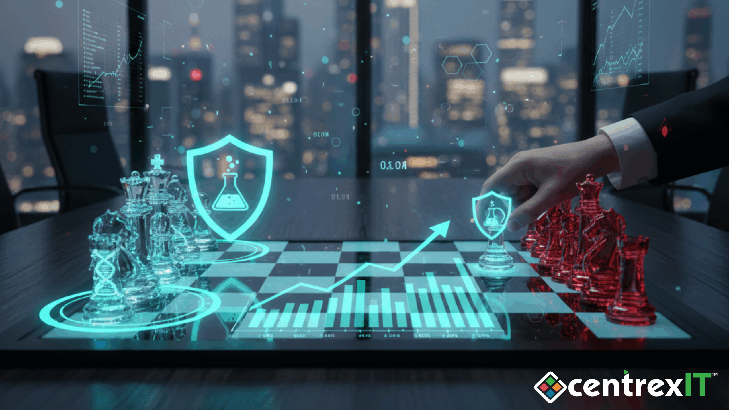 A glowing blue DNA helix is protected by a forming digital shield, symbolizing cybersecurity for life sciences intellectual property.