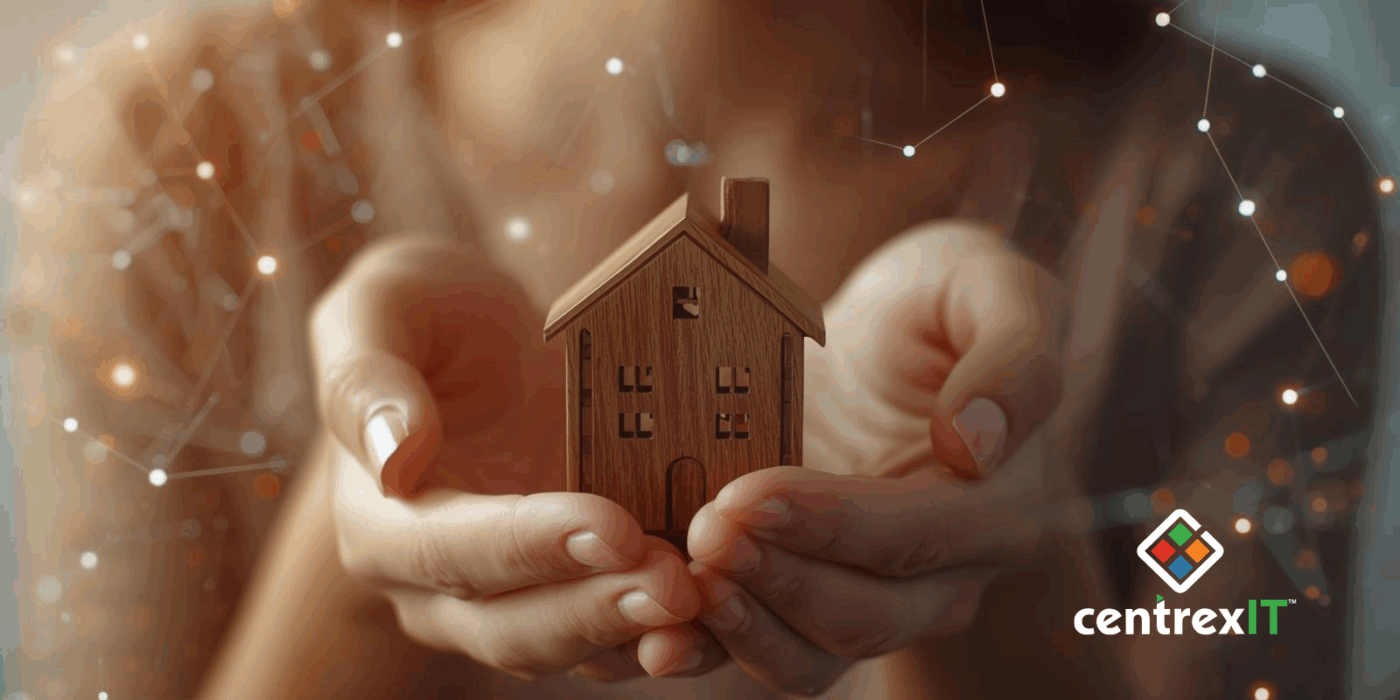 Hands gently holding a wooden symbol of community/house, with blurred digital graphics in the background representing centrexIT cybersecurity.