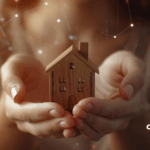 Hands gently holding a wooden symbol of community/house, with blurred digital graphics in the background representing centrexIT cybersecurity.