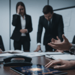 Close-up of a tablet on a dark wooden boardroom table displaying a glowing blue network diagram or abstract data graph. A silver pen rests next to a notebook. In the blurred background, two executives in dark suits lean in attentively, symbolizing a corporate leadership team in a high-stakes strategy meeting.