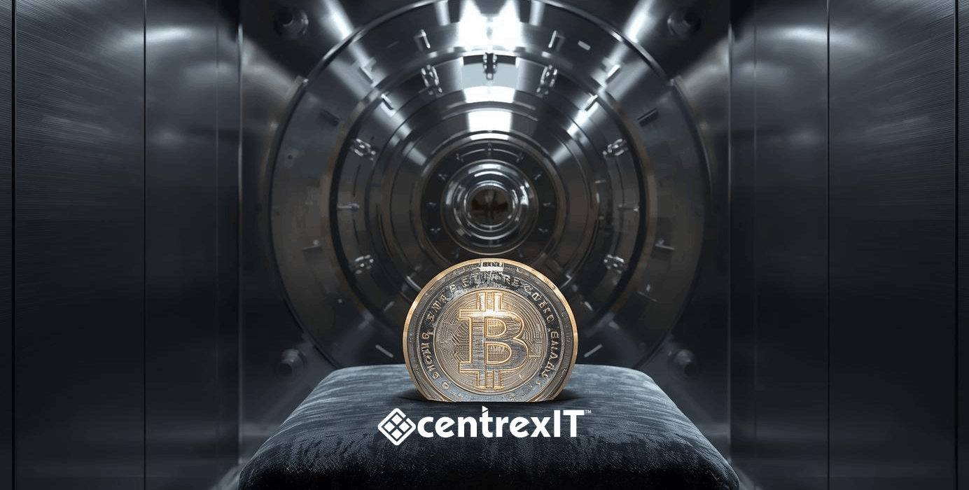 Photorealistic image of a polished, diamond-cut brand symbol resting on a pedestal inside a high-security vault, protected by a clear force field.