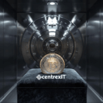 Photorealistic image of a polished, diamond-cut brand symbol resting on a pedestal inside a high-security vault, protected by a clear force field.