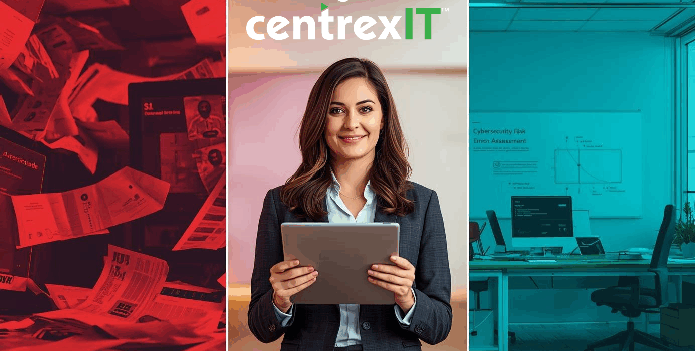 A businesswoman holding a tablet stands between two contrasting office environments, representing the transition from a cluttered, chaotic workspace to a clean, organized, and resilient one through a cybersecurity risk assessment.