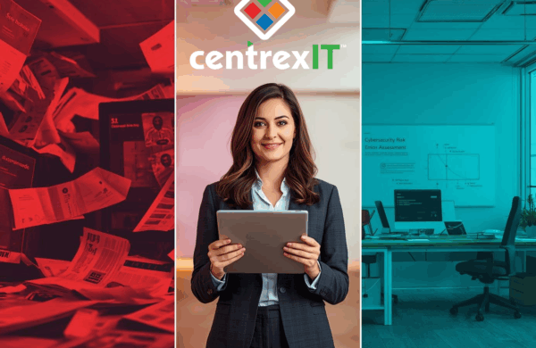 A businesswoman holding a tablet stands between two contrasting office environments, representing the transition from a cluttered, chaotic workspace to a clean, organized, and resilient one through a cybersecurity risk assessment.