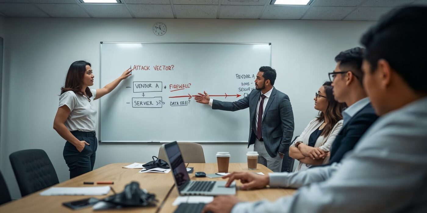 Diverse IT and business team in a conference room tracing a cyber attack vector on a whiteboard during an incident response meeting.