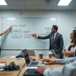 Diverse IT and business team in a conference room tracing a cyber attack vector on a whiteboard during an incident response meeting.
