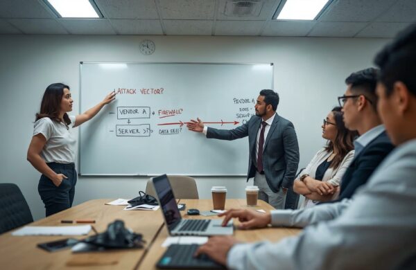 Diverse IT and business team in a conference room tracing a cyber attack vector on a whiteboard during an incident response meeting.