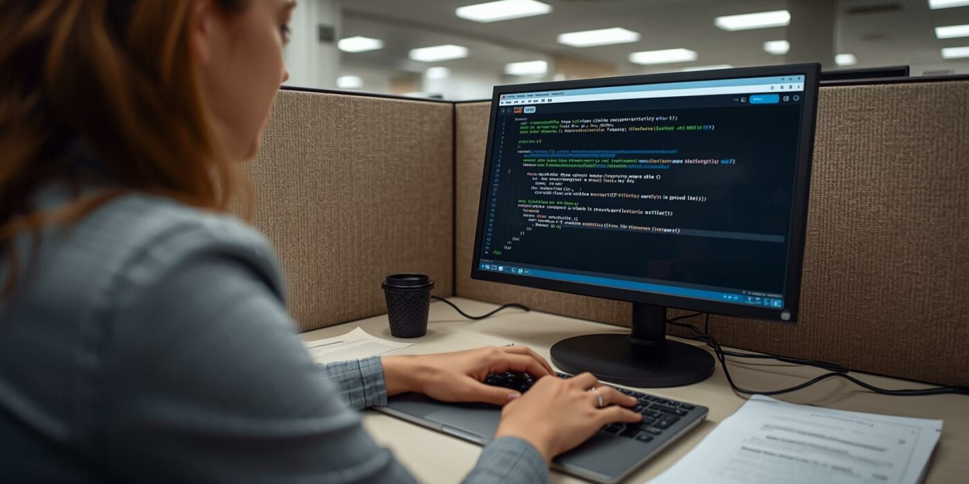 Software engineer copying proprietary code into ChatGPT browser window on desk, unaware of data leakage to external servers.
