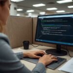Software engineer copying proprietary code into ChatGPT browser window on desk, unaware of data leakage to external servers.