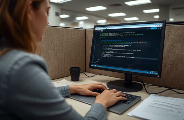 Software engineer copying proprietary code into ChatGPT browser window on desk, unaware of data leakage to external servers.
