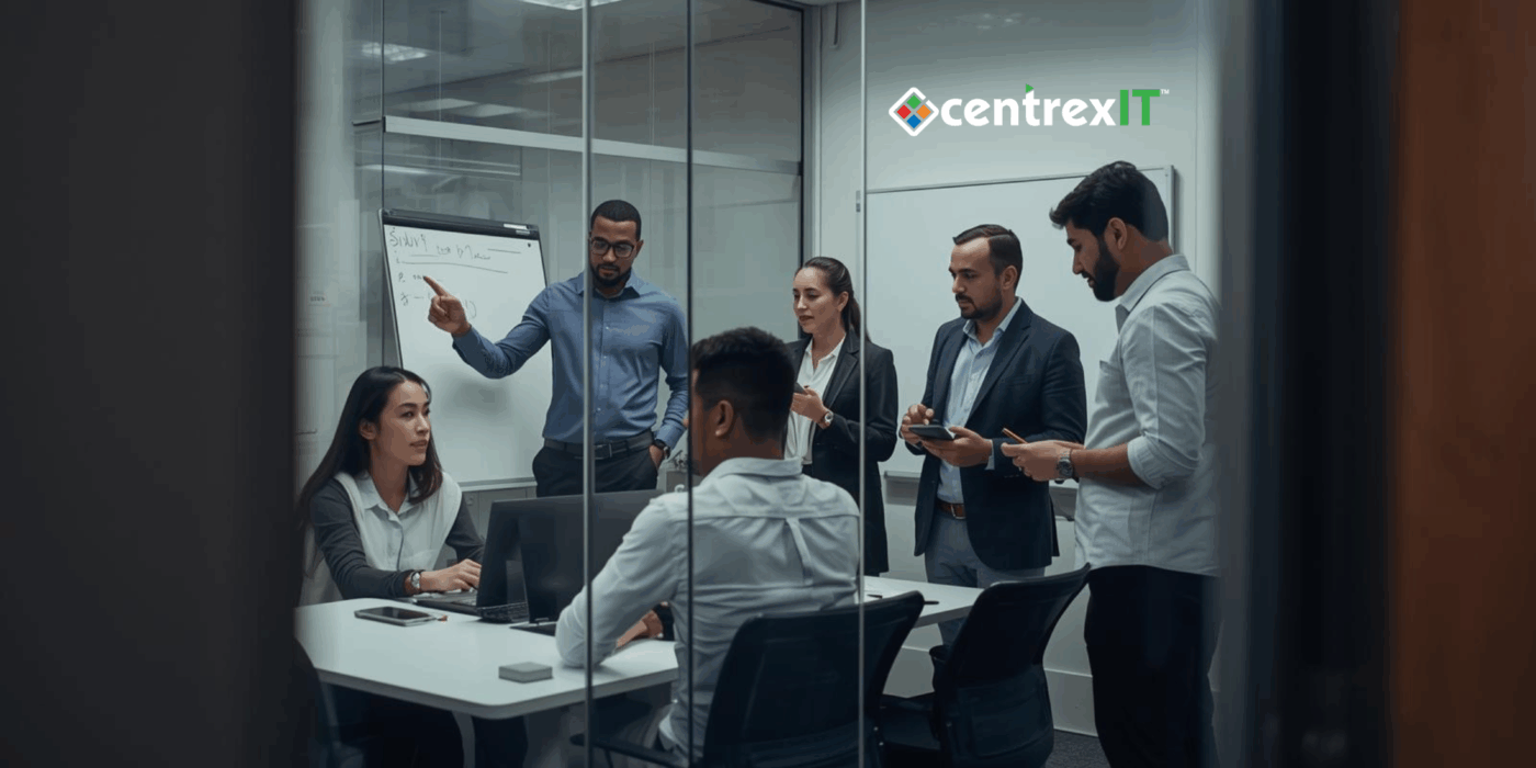 Diverse IT team of 5 professionals collaborating in conference room during security incident response