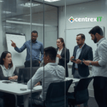 Diverse IT team of 5 professionals collaborating in conference room during security incident response