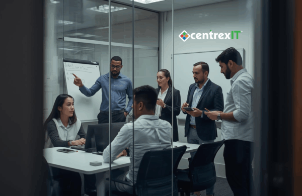 Diverse IT team of 5 professionals collaborating in conference room during security incident response