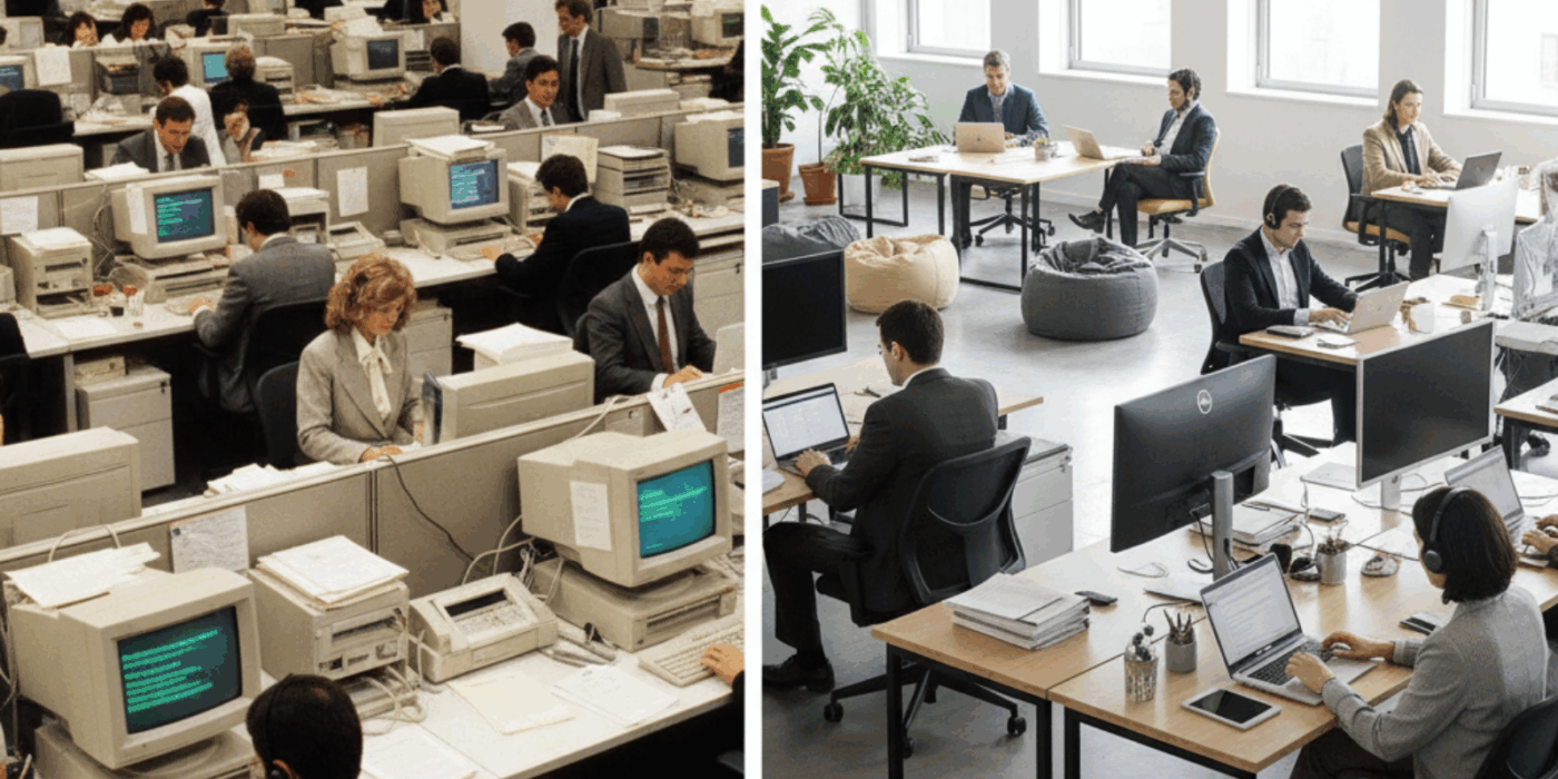 Split-screen image contrasting a crowded 1980s office with bulky technology and an open, spacious modern office. Illustrates the evolution of IT infrastructure, data protection, and digital compliance.