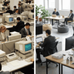Split-screen image contrasting a crowded 1980s office with bulky technology and an open, spacious modern office. Illustrates the evolution of IT infrastructure, data protection, and digital compliance.