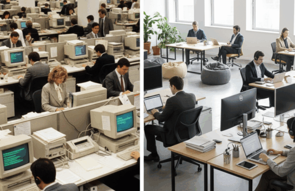 Split-screen image contrasting a crowded 1980s office with bulky technology and an open, spacious modern office. Illustrates the evolution of IT infrastructure, data protection, and digital compliance.