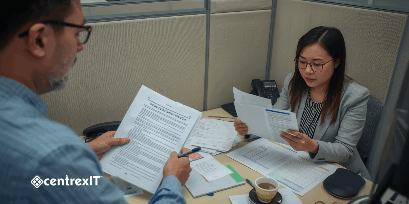 Business professional reviewing insurance policy exclusions and coverage gaps at office desk