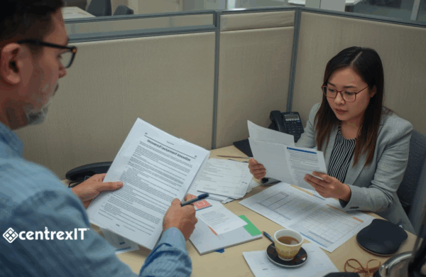 Business professional reviewing insurance policy exclusions and coverage gaps at office desk