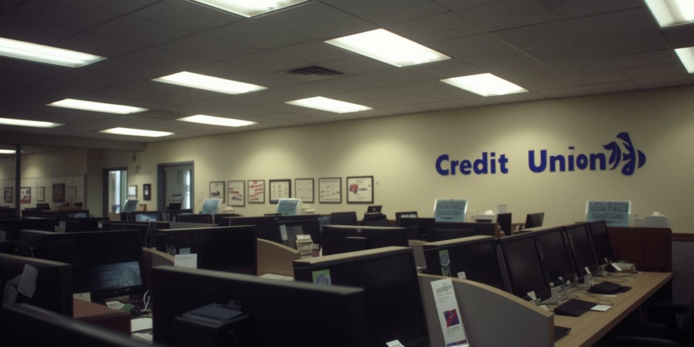 Empty credit union branch with dark computer screens