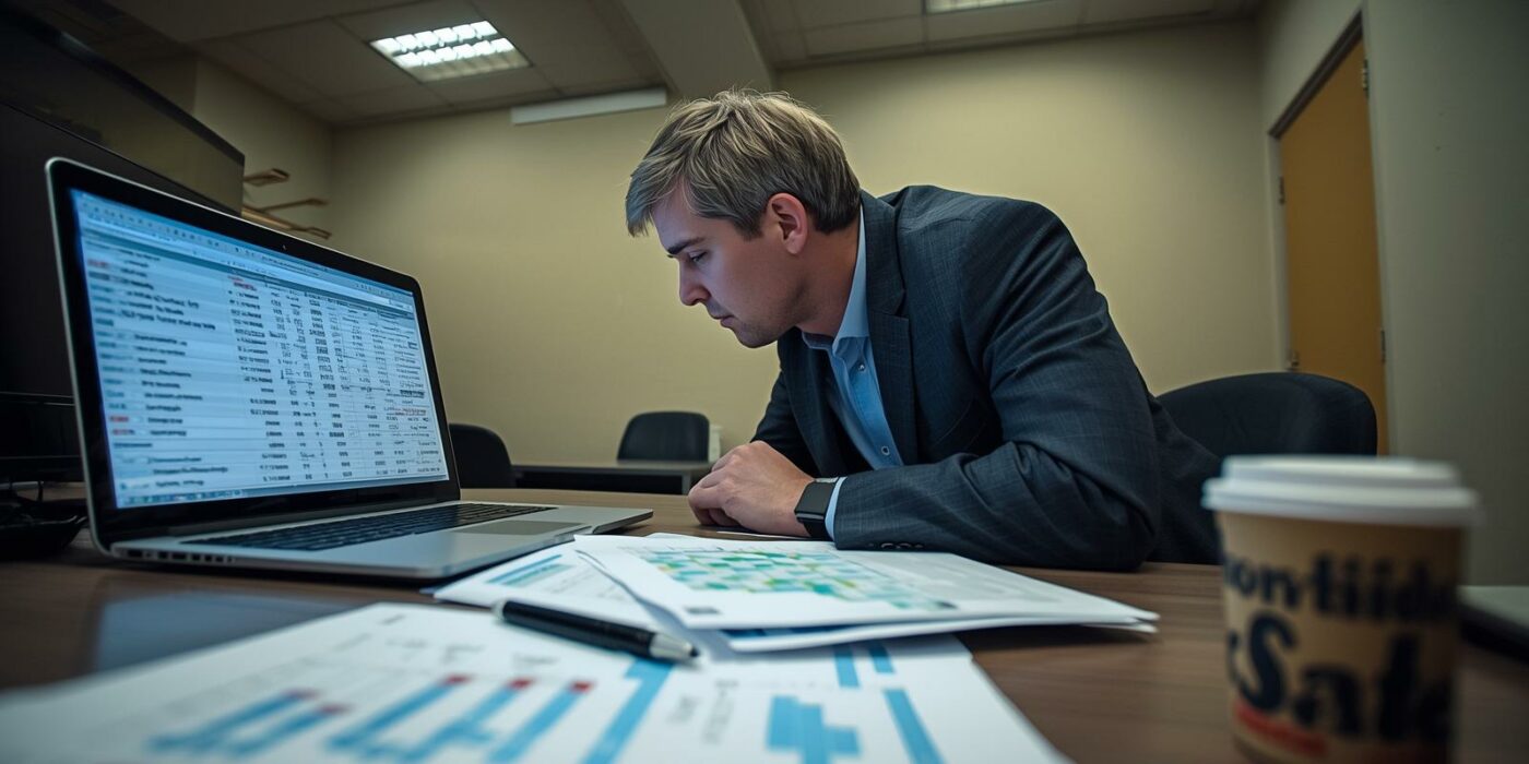 IT professional analyzing business downtime cost calculations and recovery timeline projections on dual computer monitors