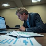 IT professional analyzing business downtime cost calculations and recovery timeline projections on dual computer monitors