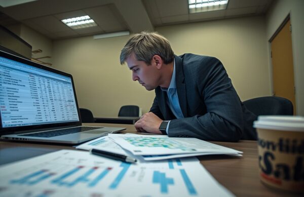 IT professional analyzing business downtime cost calculations and recovery timeline projections on dual computer monitors