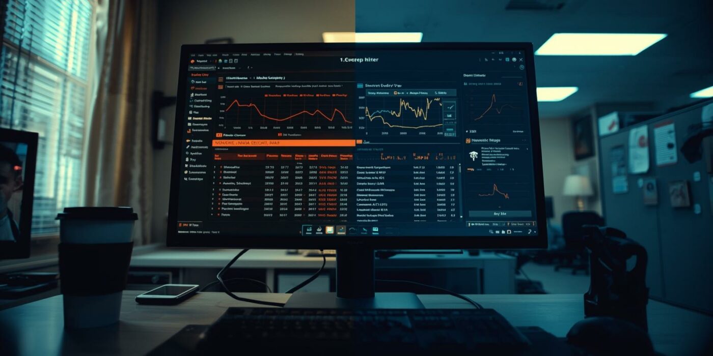 Split scene showing an office workspace merging with a home interior, illustrating how network intruders make themselves at home inside your systems just like someone secretly living in your house.