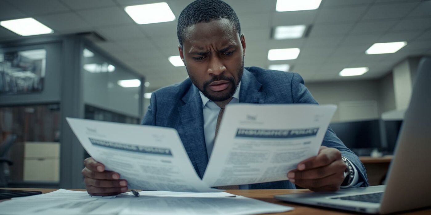 Business professional reviewing insurance documents with concerned expression