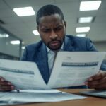 Business professional reviewing insurance documents with concerned expression