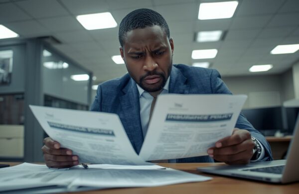Business professional reviewing insurance documents with concerned expression