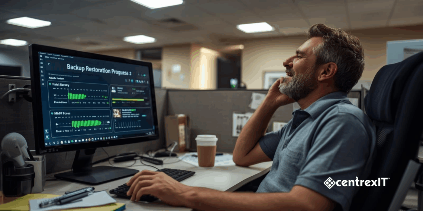 IT security team monitoring systems and reviewing backup restoration logs after successfully recovering from a ransomware attack without paying the ransom