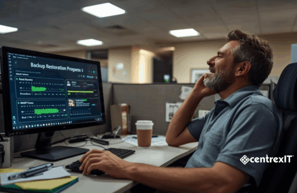 IT security team monitoring systems and reviewing backup restoration logs after successfully recovering from a ransomware attack without paying the ransom