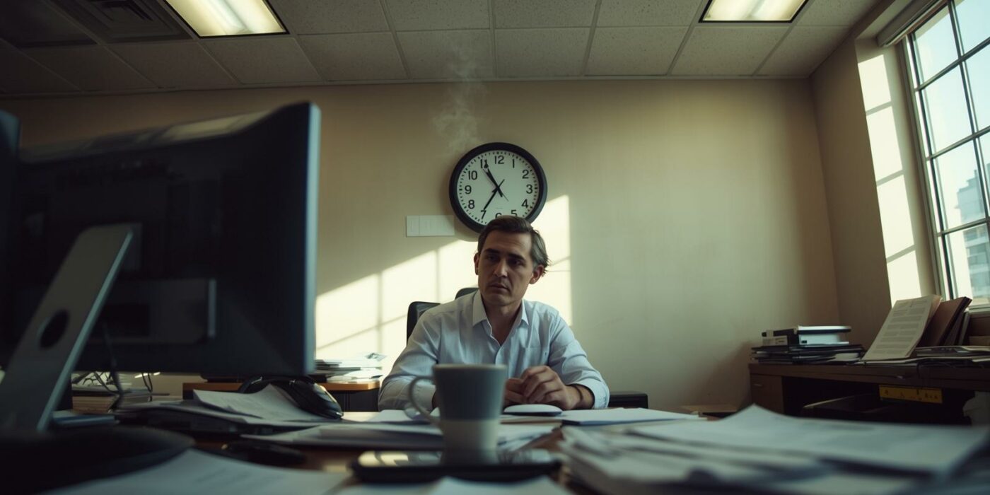 Office worker at desk with wall clock visible, reviewing computer screen in bright fluorescent-lit corporate office setting, illustrating the critical first hour of a network breach.