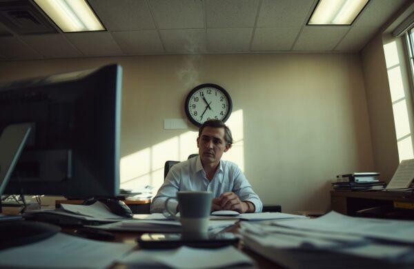 Office worker at desk with wall clock visible, reviewing computer screen in bright fluorescent-lit corporate office setting, illustrating the critical first hour of a network breach.