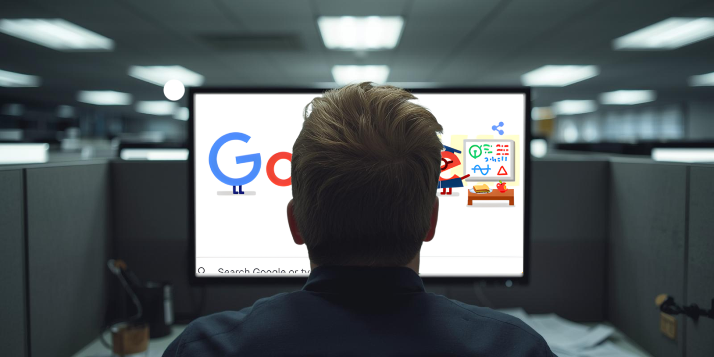 Office desk with laptop displaying Chrome browser extensions panel, illustrating the security risk of malicious browser extensions targeting enterprise HR and business platforms.