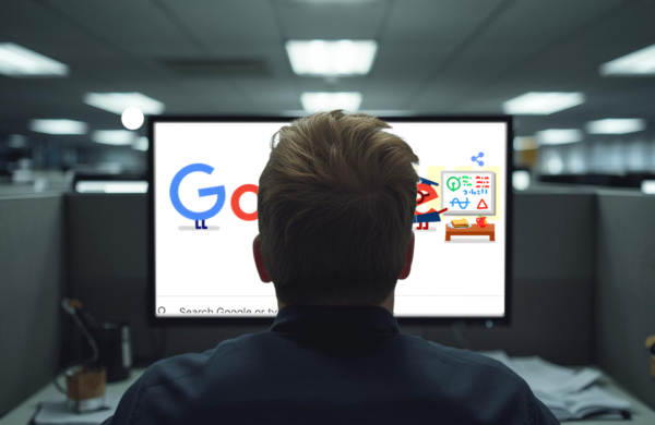 Office desk with laptop displaying Chrome browser extensions panel, illustrating the security risk of malicious browser extensions targeting enterprise HR and business platforms.