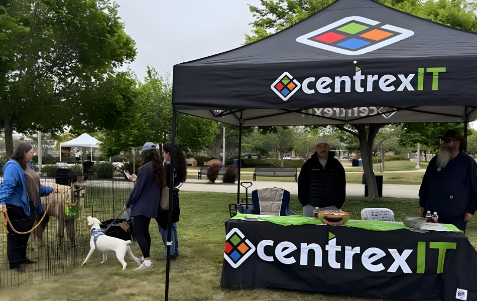 centrexIT team at San Diego Humane Society Walk for Animals event with Samson the alpaca greeting attendees