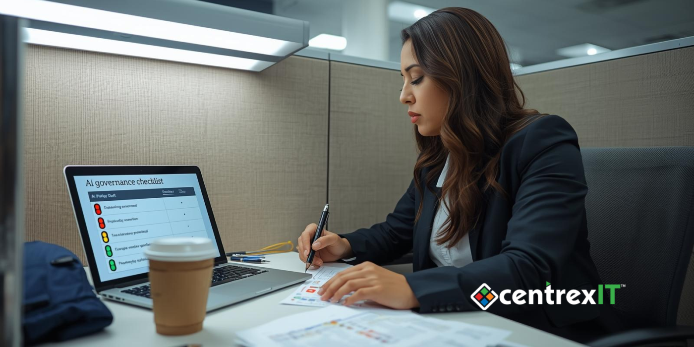 IT operations team reviewing AI readiness assessment on laptop screen with whiteboard showing artificial intelligence readiness framework and four pillars during planning meeting in office conference room