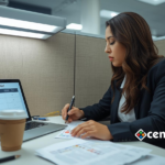 IT operations team reviewing AI readiness assessment on laptop screen with whiteboard showing artificial intelligence readiness framework and four pillars during planning meeting in office conference room
