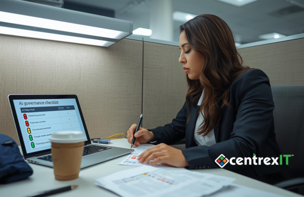IT operations team reviewing AI readiness assessment on laptop screen with whiteboard showing artificial intelligence readiness framework and four pillars during planning meeting in office conference room