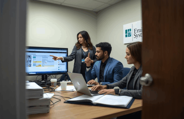 Hospital IT security team monitoring healthcare systems for potential breach indicators