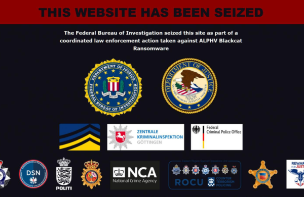 FBI seizure notice displayed on ALPHV BlackCat ransomware dark web site showing multi-agency law enforcement operation logos