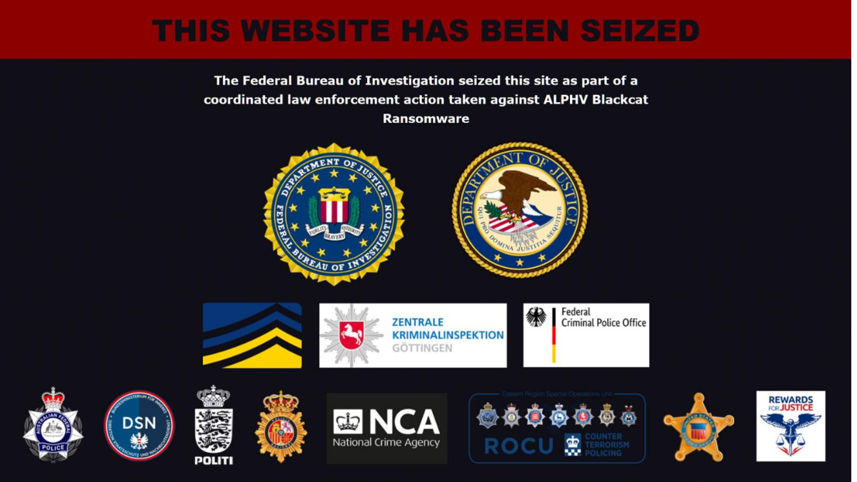 FBI seizure notice displayed on ALPHV BlackCat ransomware dark web site showing multi-agency law enforcement operation logos